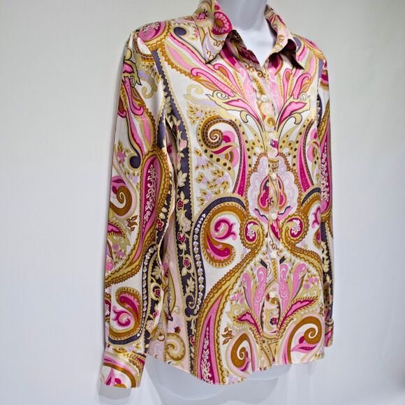 INC 100% Silk Pink Floral Paisley Button Up Top Blouse Long Sleeve Women Size 6 - Picture 4 of 15